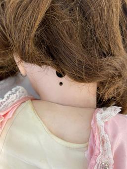 Porcelain Head Doll in Pink Satin Dress with Additional Outfit