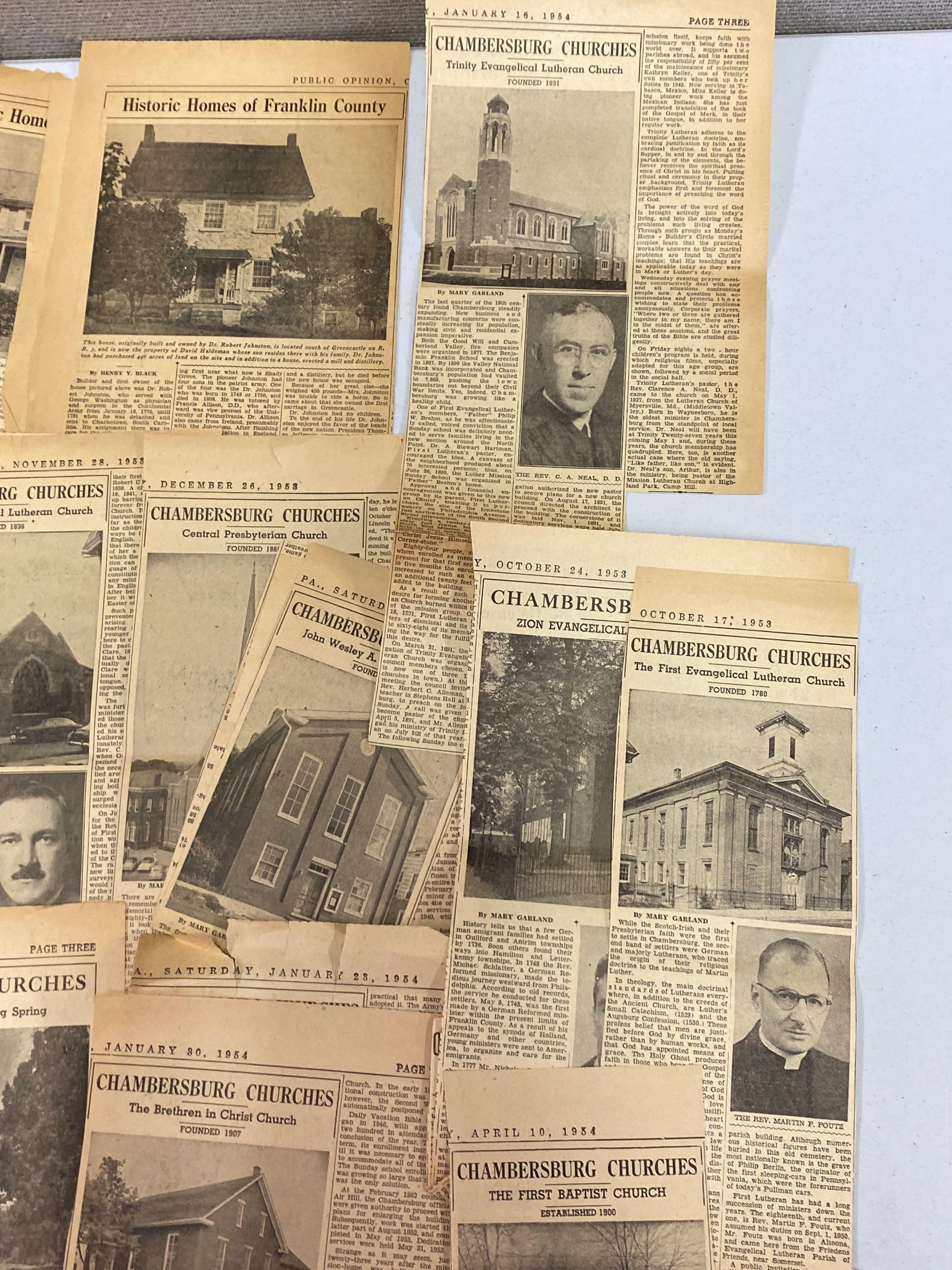 Newspaper Clippings-1950's Historic Homes of Franklin County and Chambersburg Churches