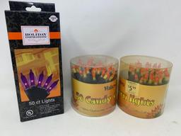 2 Containers of Candy Corn Lights and Pack of 50 Purple Lights