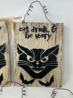 5 Wooden Black Cat & Bat Hanging Signs