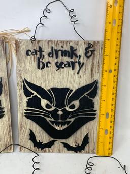 5 Wooden Black Cat & Bat Hanging Signs