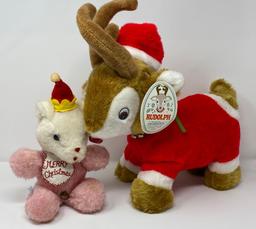 2 Stuffed Animals- Rudolph the Musical Reindeer and Lamb with Hat and "Merry Christmas" Bib