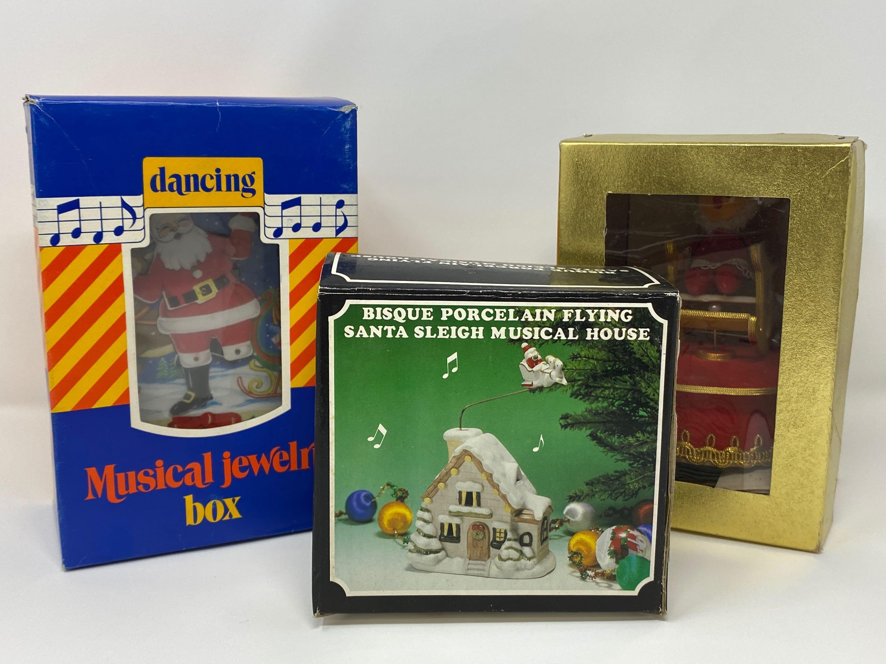 Santa Musical Jewelry Box, Flying Santa Sleigh Musical House and Seated Santa Music Box