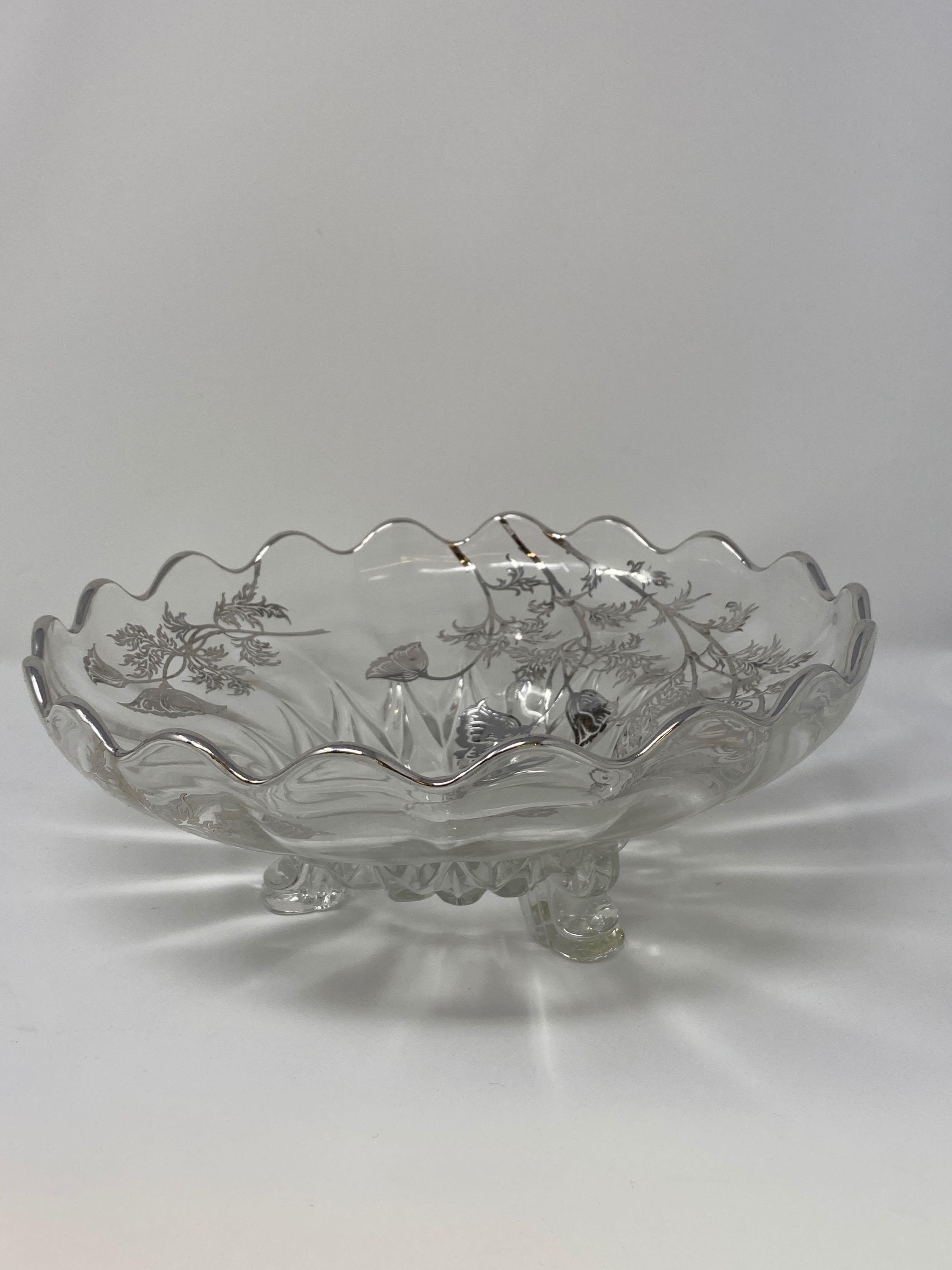 2 Glass Footed Bowls- One with Silver Overlay, Other with Etched Design