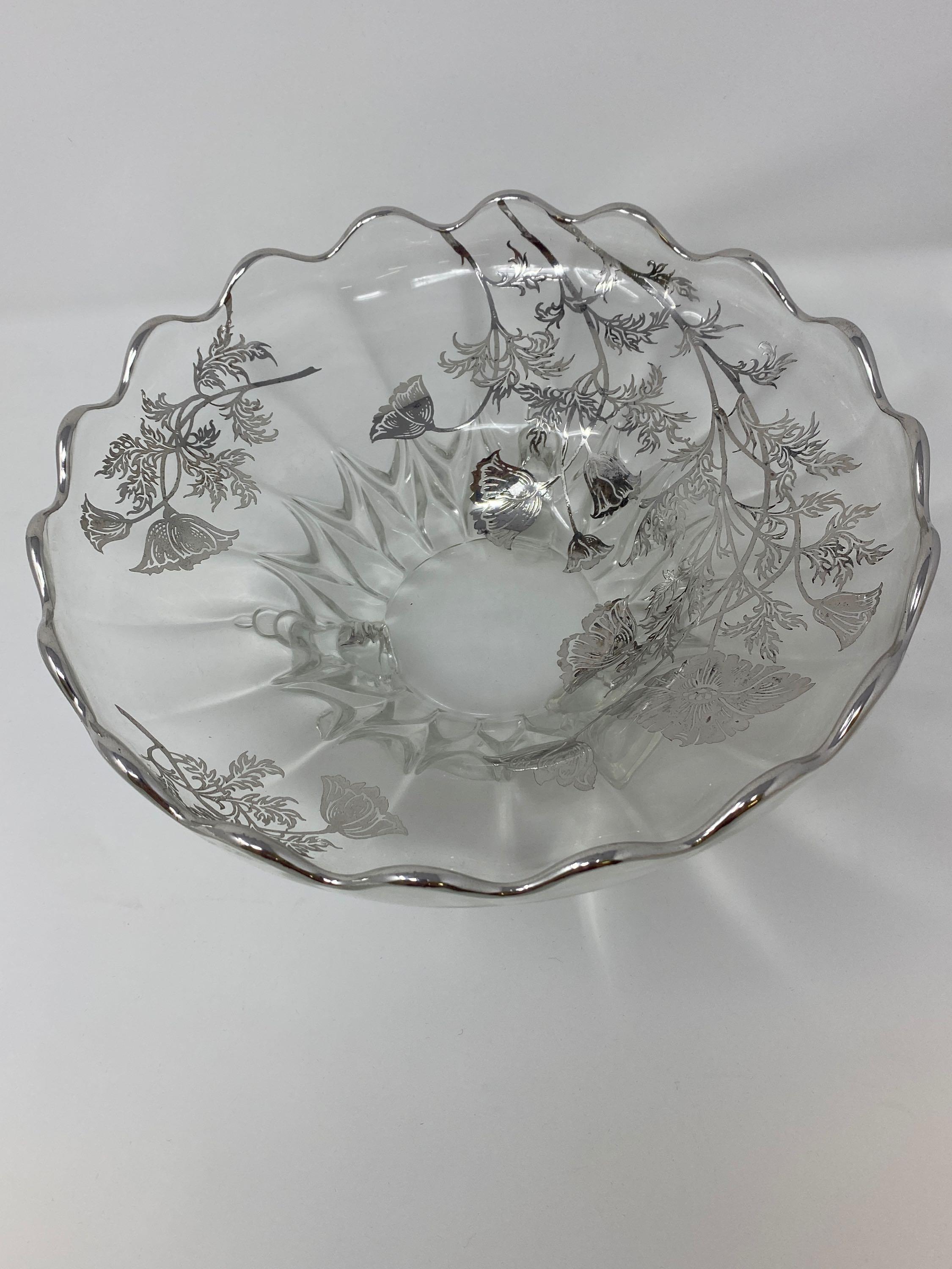 2 Glass Footed Bowls- One with Silver Overlay, Other with Etched Design