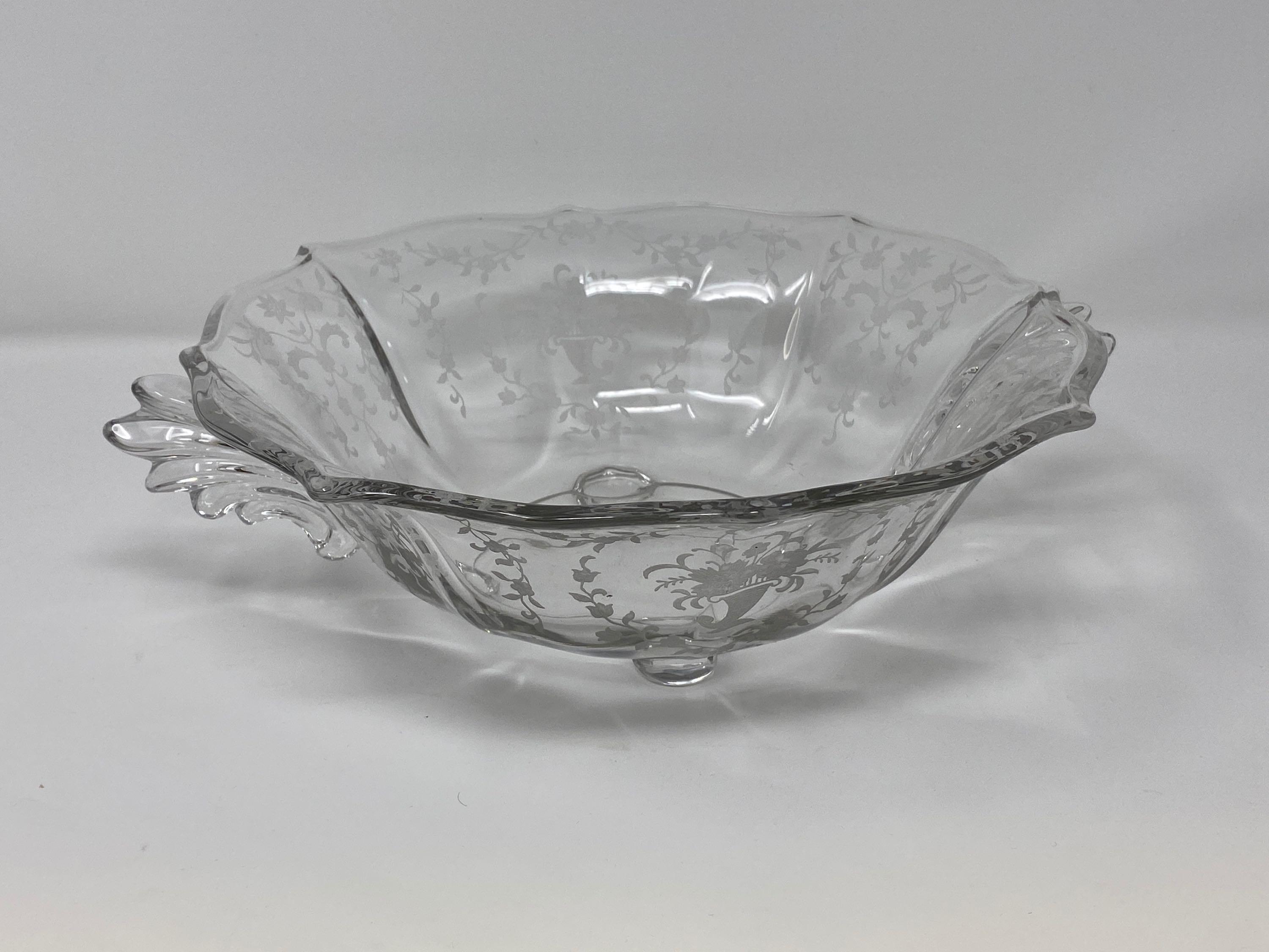 2 Glass Footed Bowls- One with Silver Overlay, Other with Etched Design