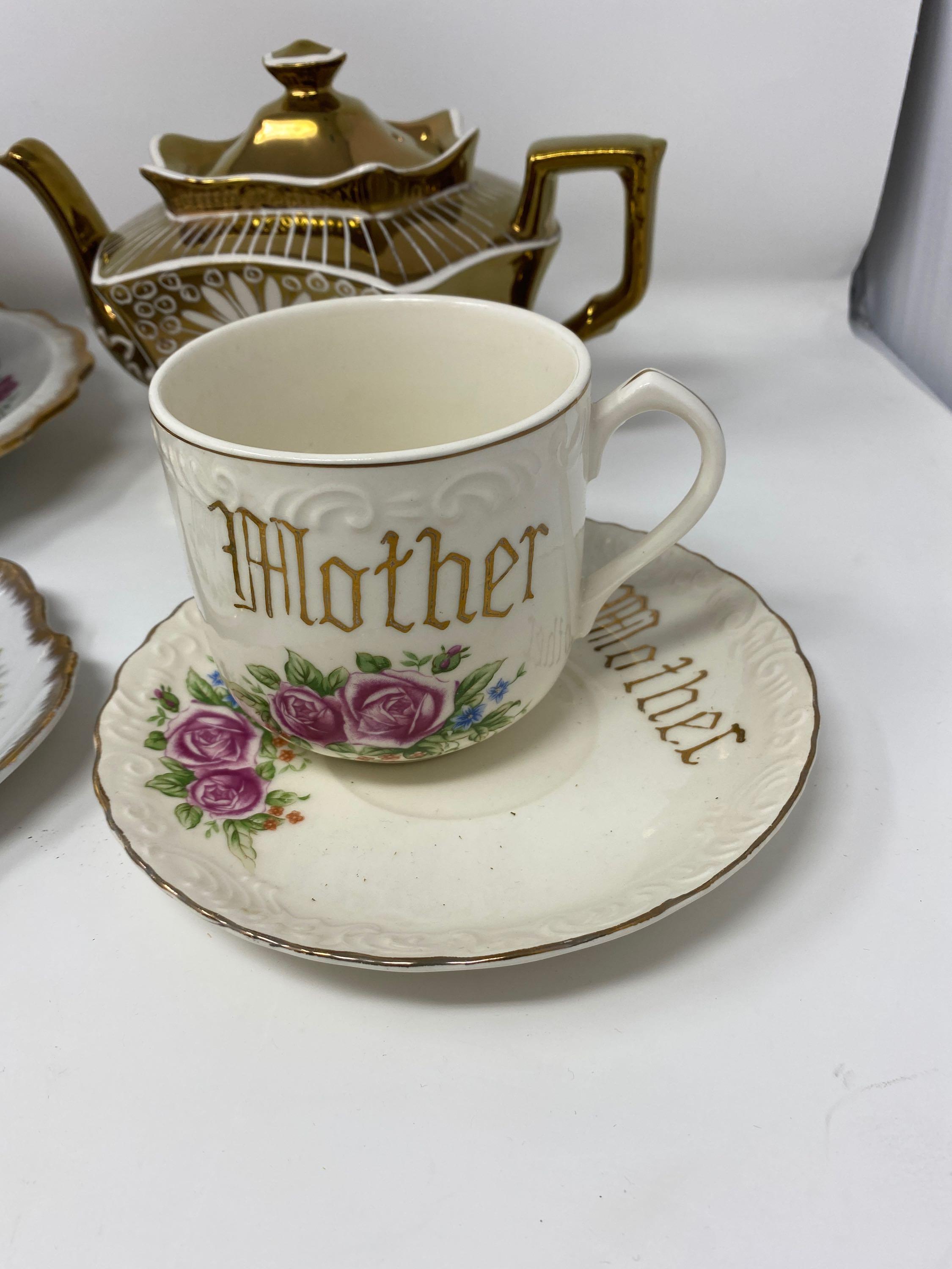 First Anniversary Plate, Pitcher & Bowl Set, Gold Luster Tea Pot, "Mother" Cup & Saucer