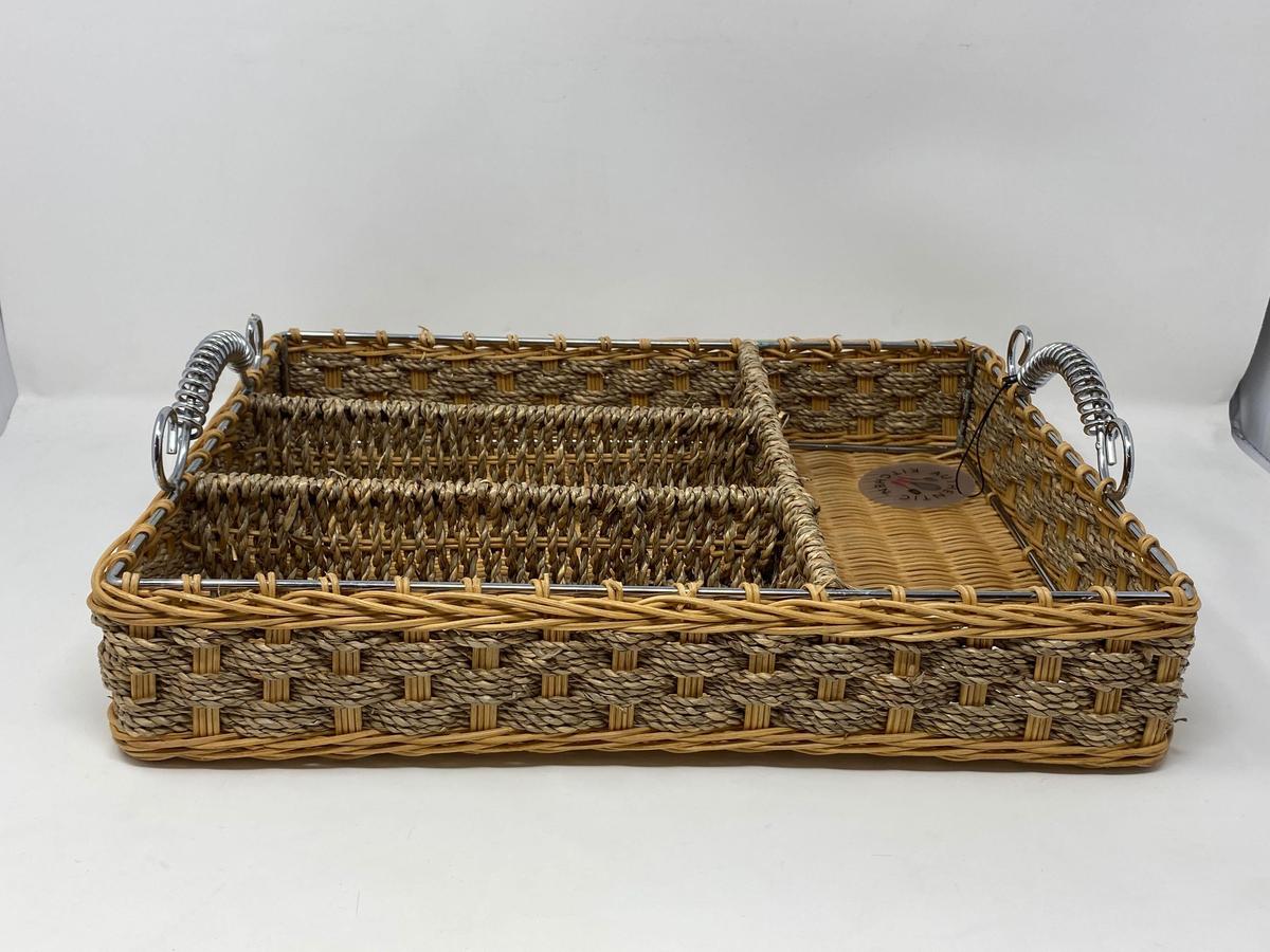 Woven Basket with 4 Compartments and Wire Handles