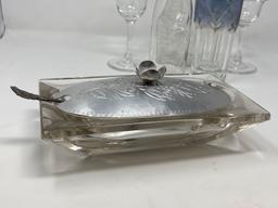 2 Margharita Glasses, Vase, Bottle, Other Glass and Glass Dish with Aluminum Lid