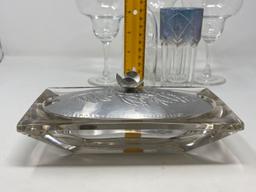 2 Margharita Glasses, Vase, Bottle, Other Glass and Glass Dish with Aluminum Lid