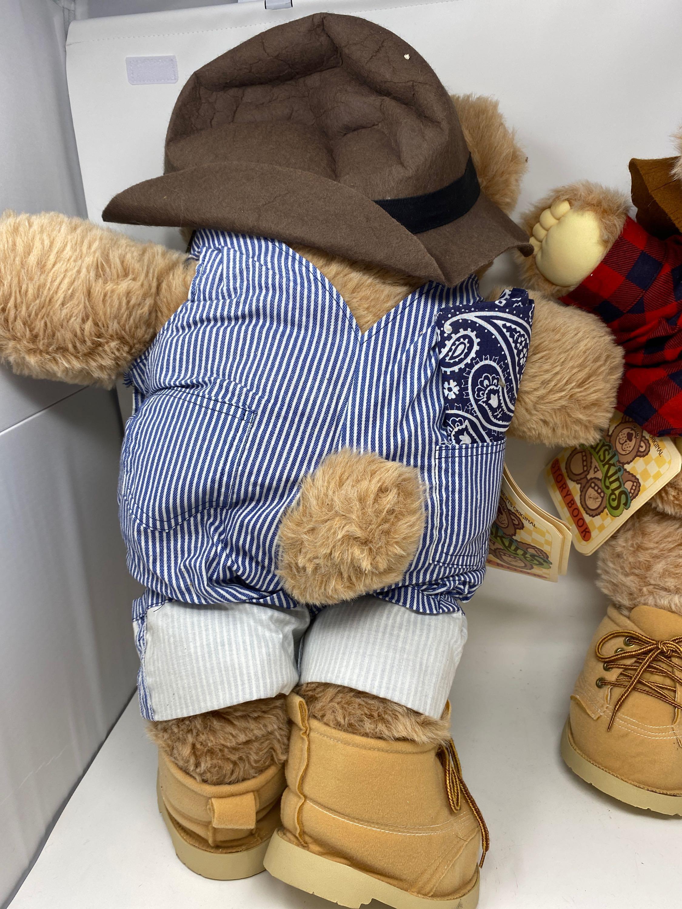 2 Furskins Bears- One in Plaid Shirt, Other in Overalls