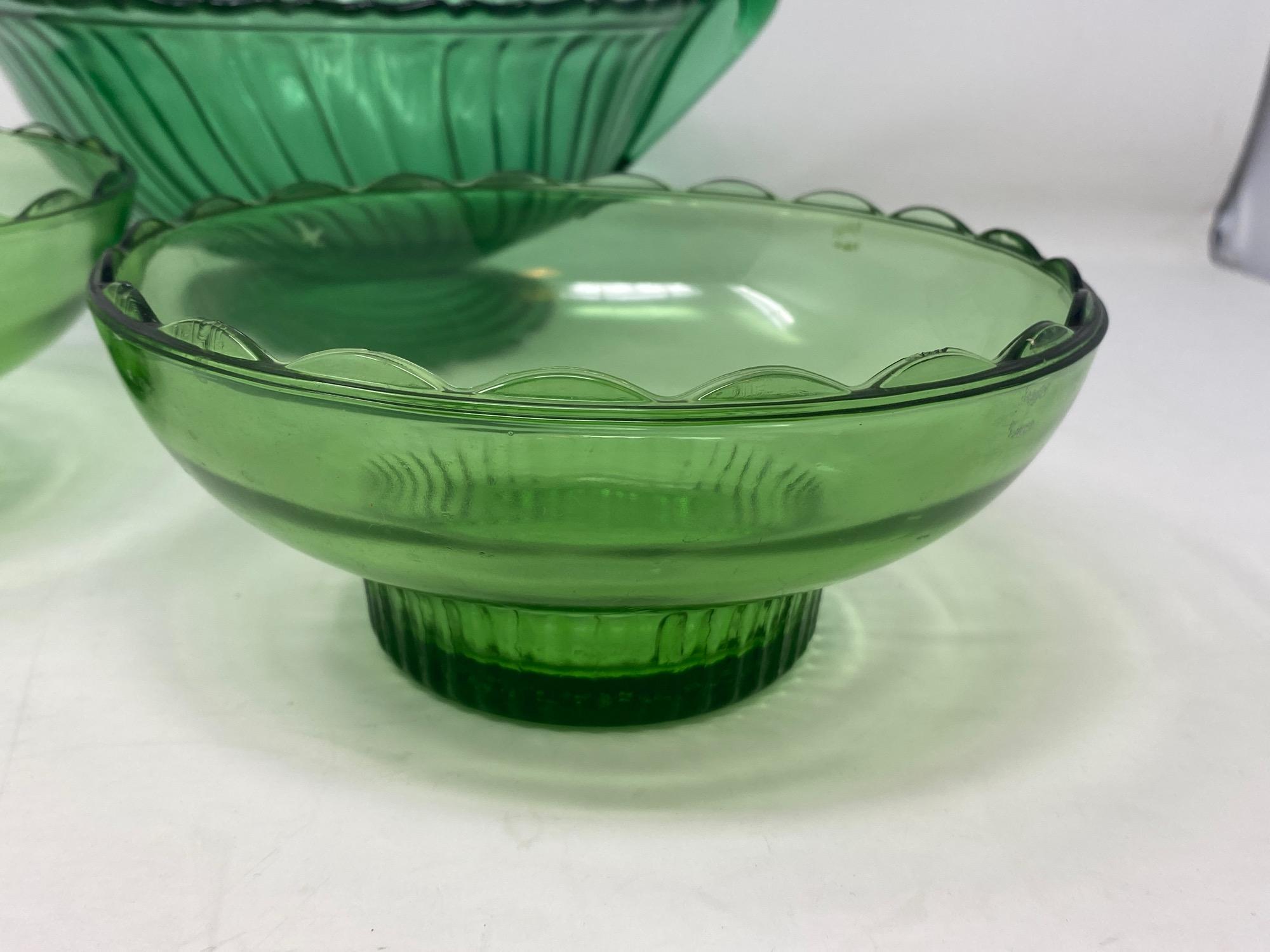 3 Green Glass Pedestal Bowls- 2 Matching and Other Large Bowl