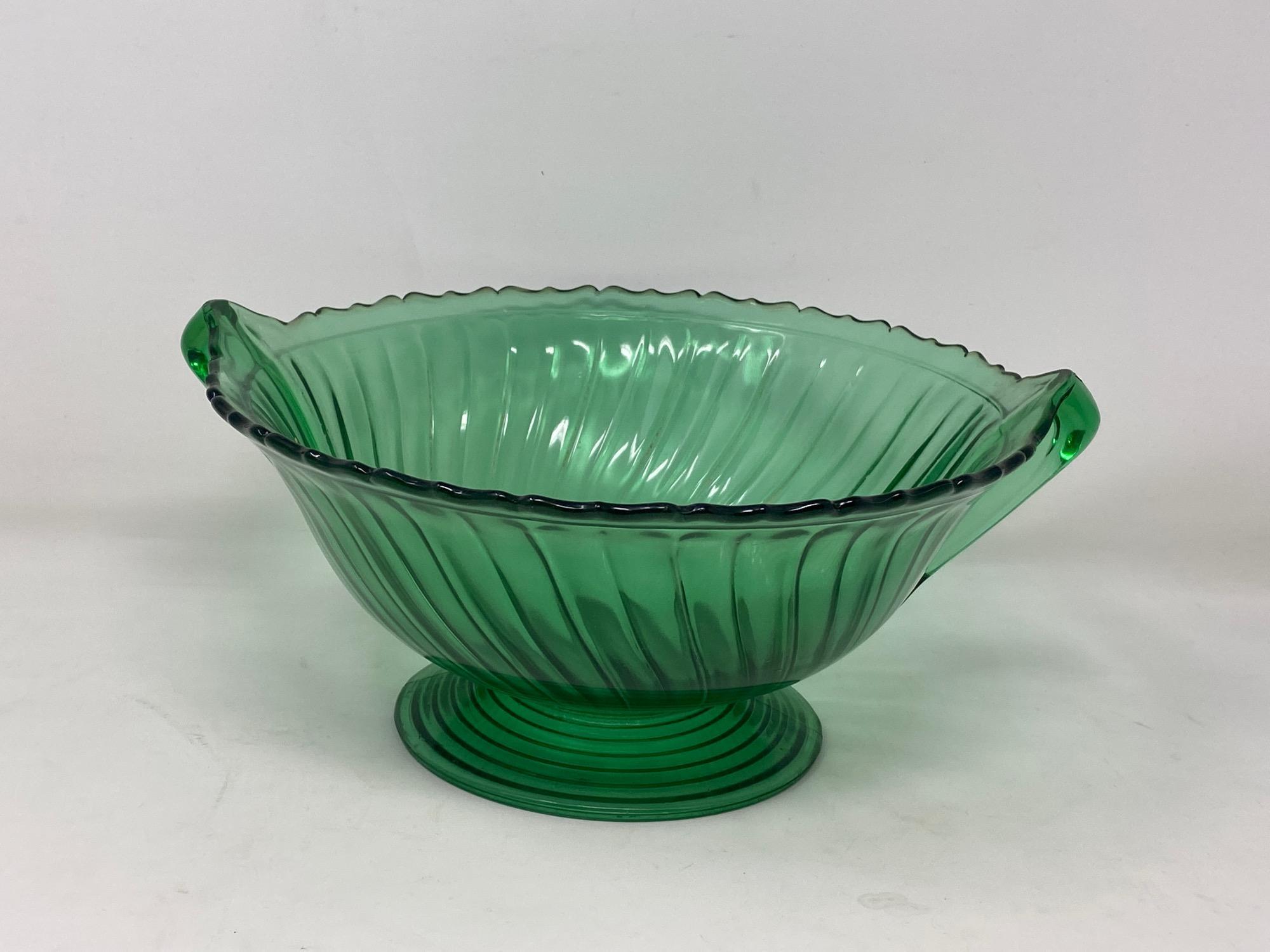 3 Green Glass Pedestal Bowls- 2 Matching and Other Large Bowl