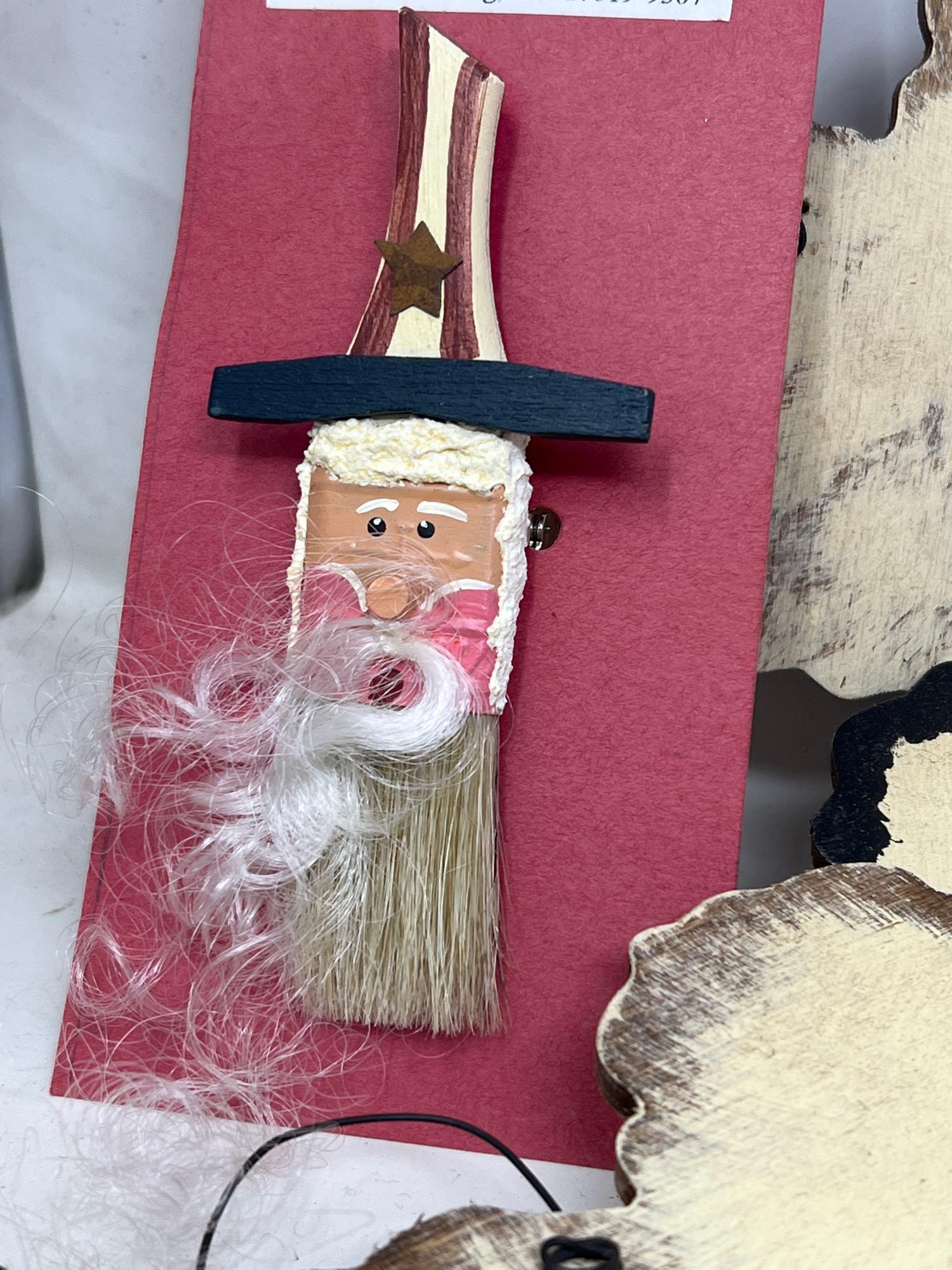 Wooden Sheep Ornaments. Light Bulb Pin Backs and Patriotic Santa Paintbrush Pin Backs