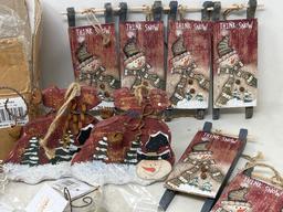 Wooden Ornaments- Decorated Sleds, Bags w/ Snowman Face, Metal Stars, Wire "Greens"