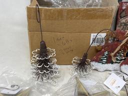 Wooden Ornaments- Decorated Sleds, Bags w/ Snowman Face, Metal Stars, Wire "Greens"