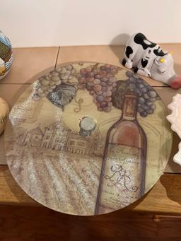 Round Wine Theme Serving Board, Candle Warmer, Cow Timer and Tin Butcher Figure