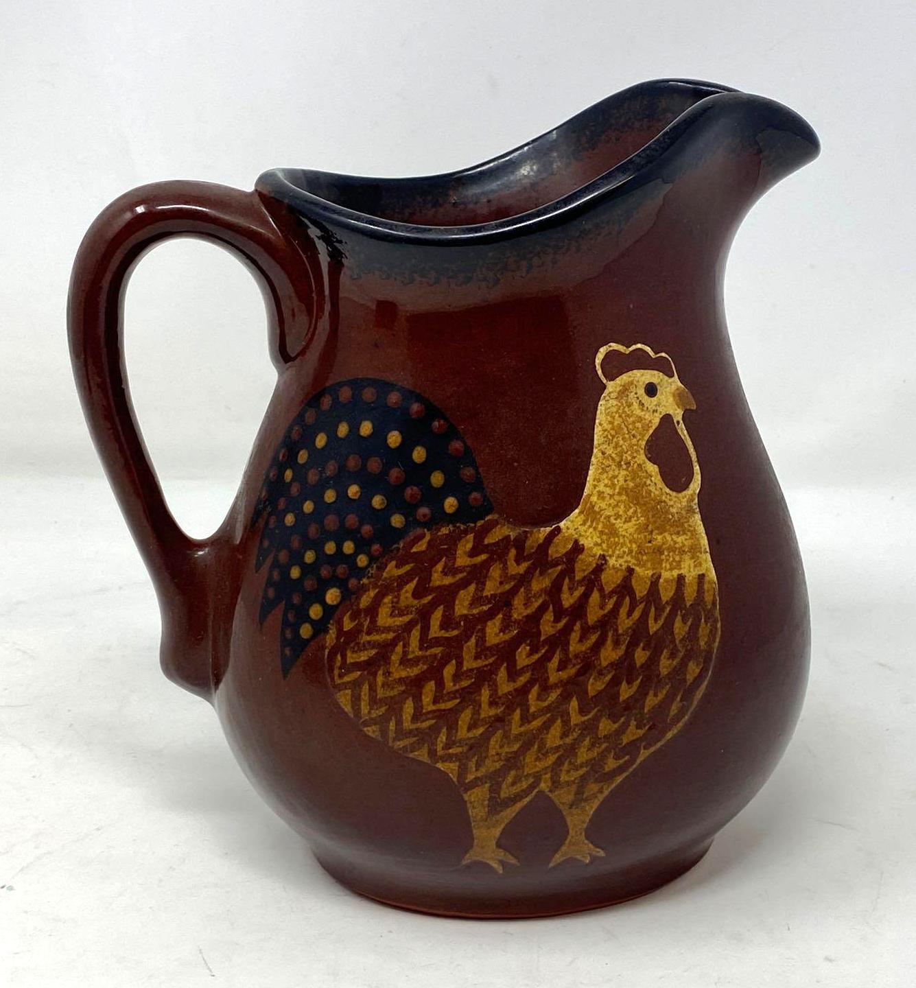 Foltz Redware Pottery Pitcher with Chicken and Hull Creamer