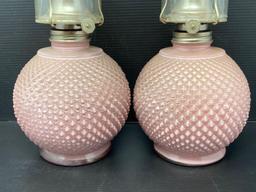 Pair of Pink Quilted Satin Glass Base Oil Lamps with Clear Shades