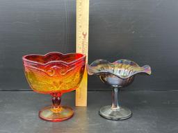 2 Pedestal Candy Dishes- Amberina Eagle and Carnival Ruffled Edge