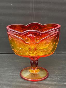 2 Pedestal Candy Dishes- Amberina Eagle and Carnival Ruffled Edge