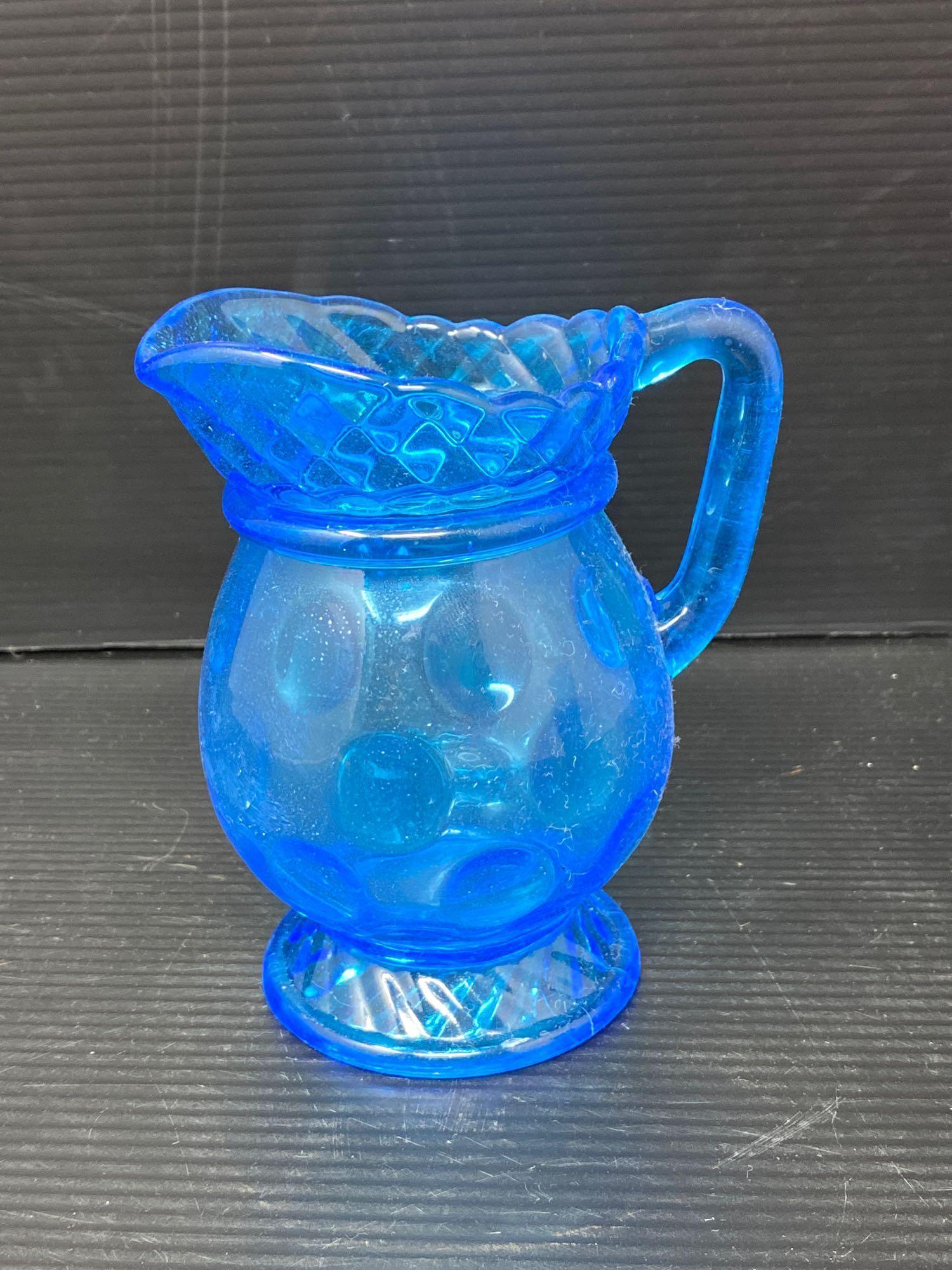 Blue Glass Lot- Includes Bottles, Vase and Creamers- One is Shirley Temple