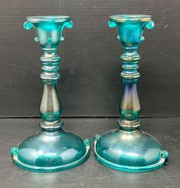 Pair of Imperial Carnival Glass Double Scoll Candle Sticks, Antique