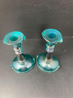 Pair of Imperial Carnival Glass Double Scoll Candle Sticks, Antique