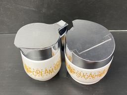 Vintage Corningware Creamer & Sugar with Silver Tops