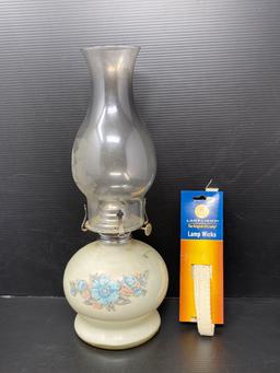 White Glass Base Oil Lamp with Clear Shade and Extra Lamp Wicks