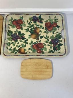 4 Cutting Boards- 2 Butcher Block, One Domino and One Glass with Fruit