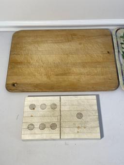 4 Cutting Boards- 2 Butcher Block, One Domino and One Glass with Fruit