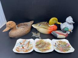 Duck Figures- Candle Holder, Lint Brush and 3 Bird Plates