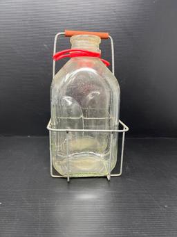 2 Half-Gallon Milk Bottles in Wire Carrier