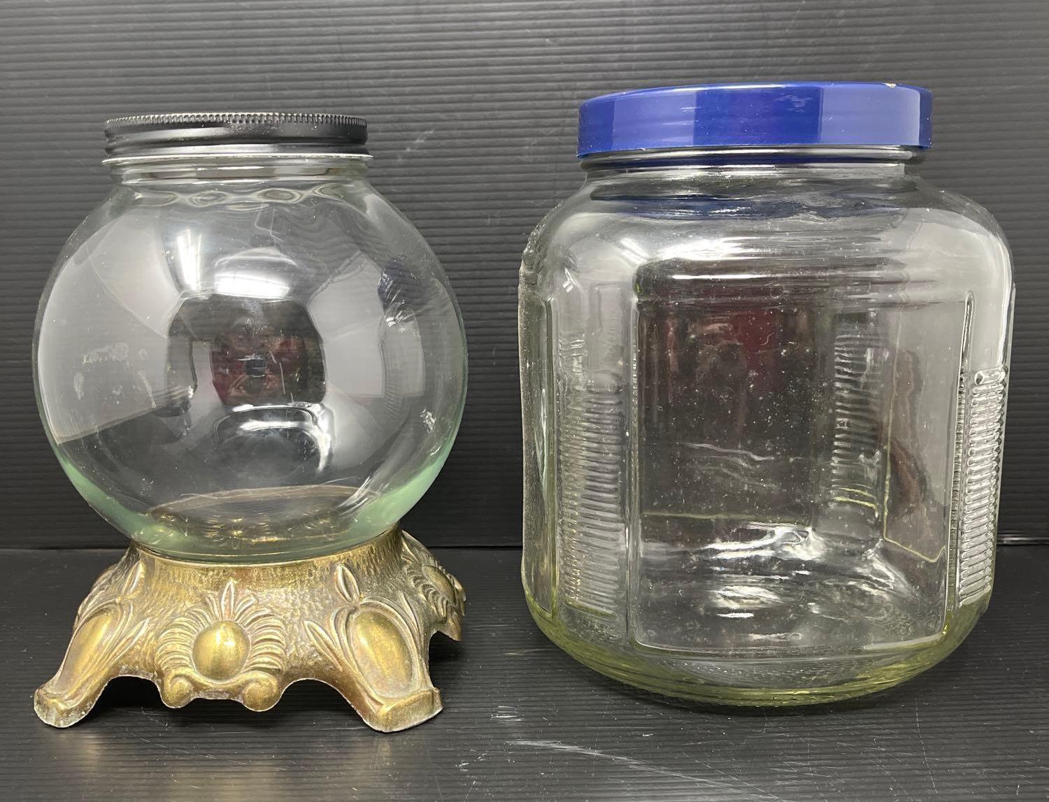 Large Glass Canister Jar with Blue Lid and Round Jar on Metal Base with Blue Lid