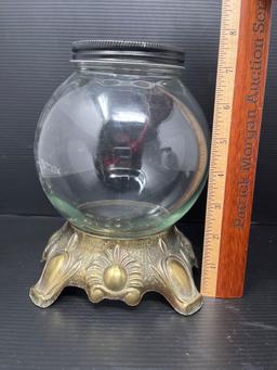 Large Glass Canister Jar with Blue Lid and Round Jar on Metal Base with Blue Lid