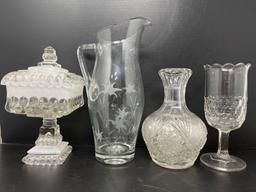 Glass Grouping- Lidded Pedestal Candy Dish, Etched Pitcher, Juice Bottle and Celery Holder