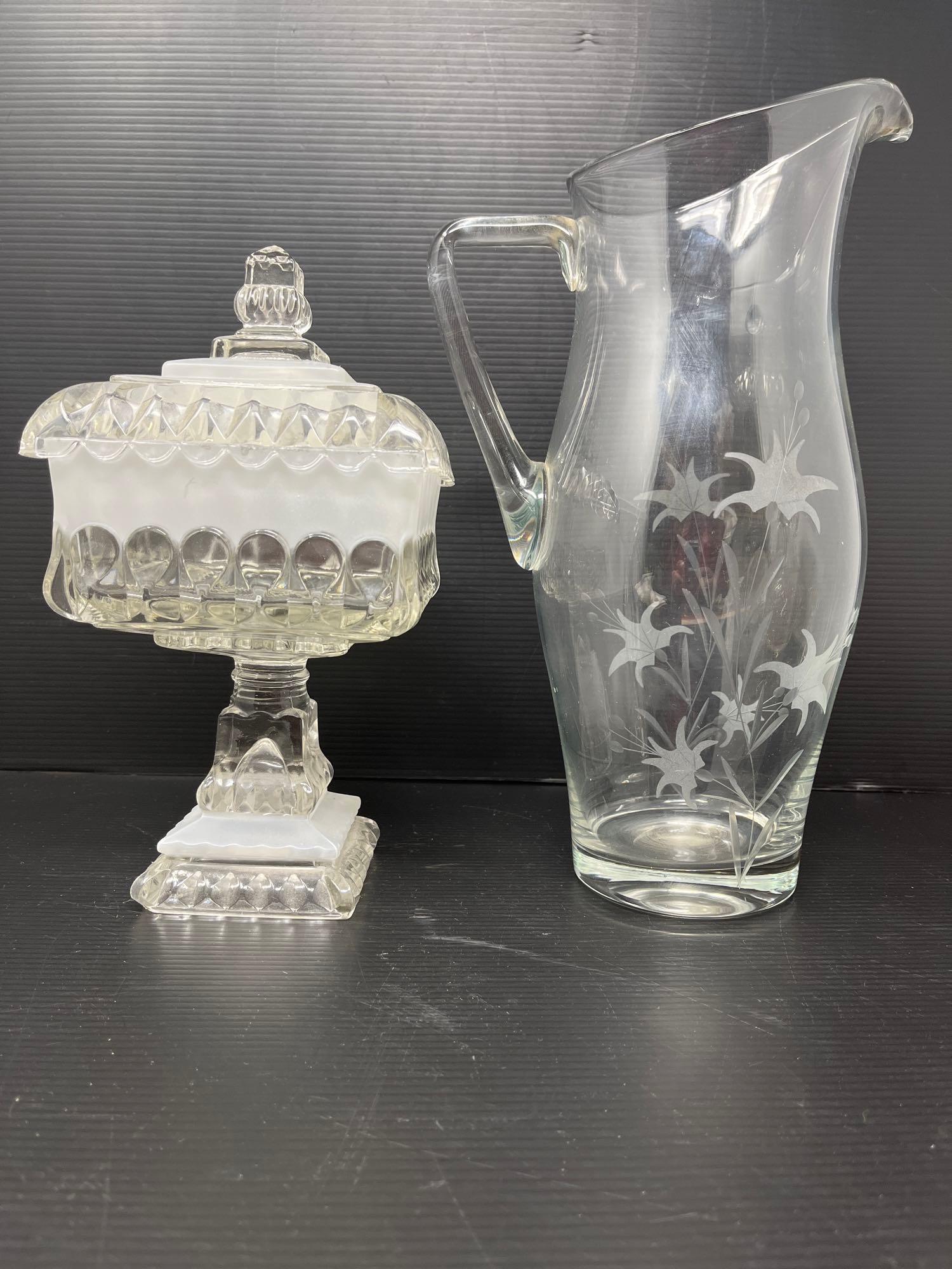 Glass Grouping- Lidded Pedestal Candy Dish, Etched Pitcher, Juice Bottle and Celery Holder