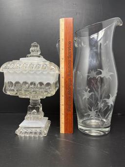 Glass Grouping- Lidded Pedestal Candy Dish, Etched Pitcher, Juice Bottle and Celery Holder