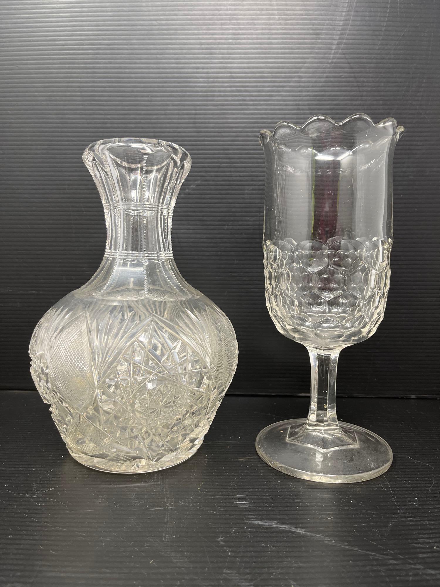 Glass Grouping- Lidded Pedestal Candy Dish, Etched Pitcher, Juice Bottle and Celery Holder