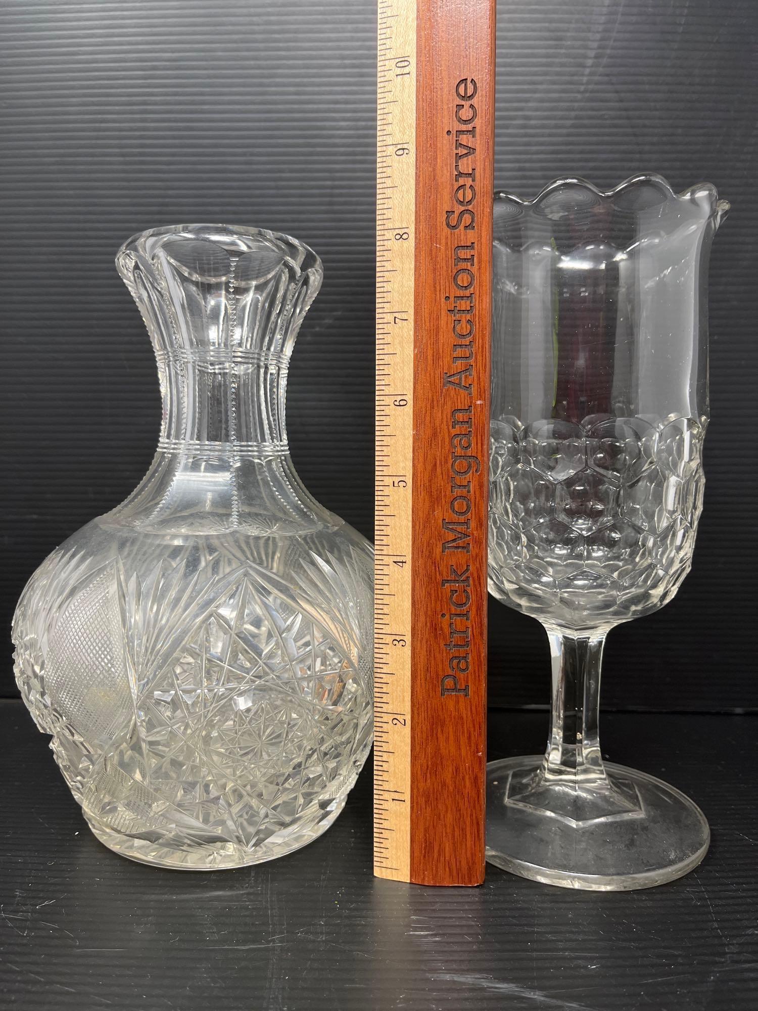 Glass Grouping- Lidded Pedestal Candy Dish, Etched Pitcher, Juice Bottle and Celery Holder