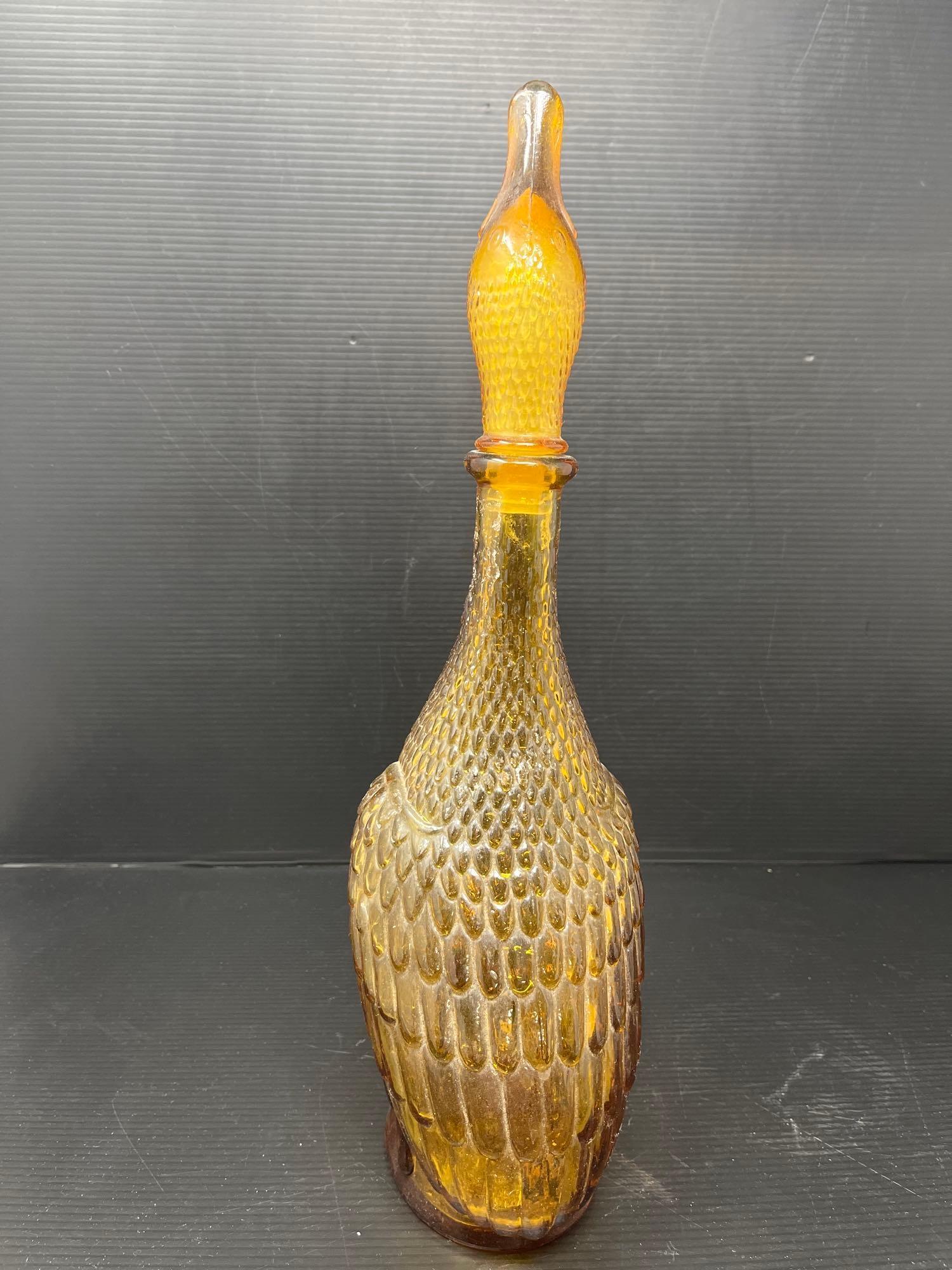 Clear & Green Glass Kerosene Lamps and Amber Glass Duck Decanter