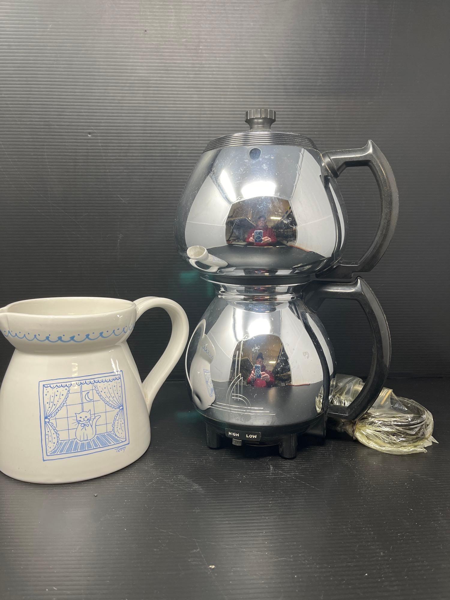 White Ceramic Cat Creamer and Sunbeam Coffee Master Model C30