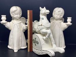 Pair of White Ceramic Angel Candle Holders and Musical Ceramic Rocking Horse