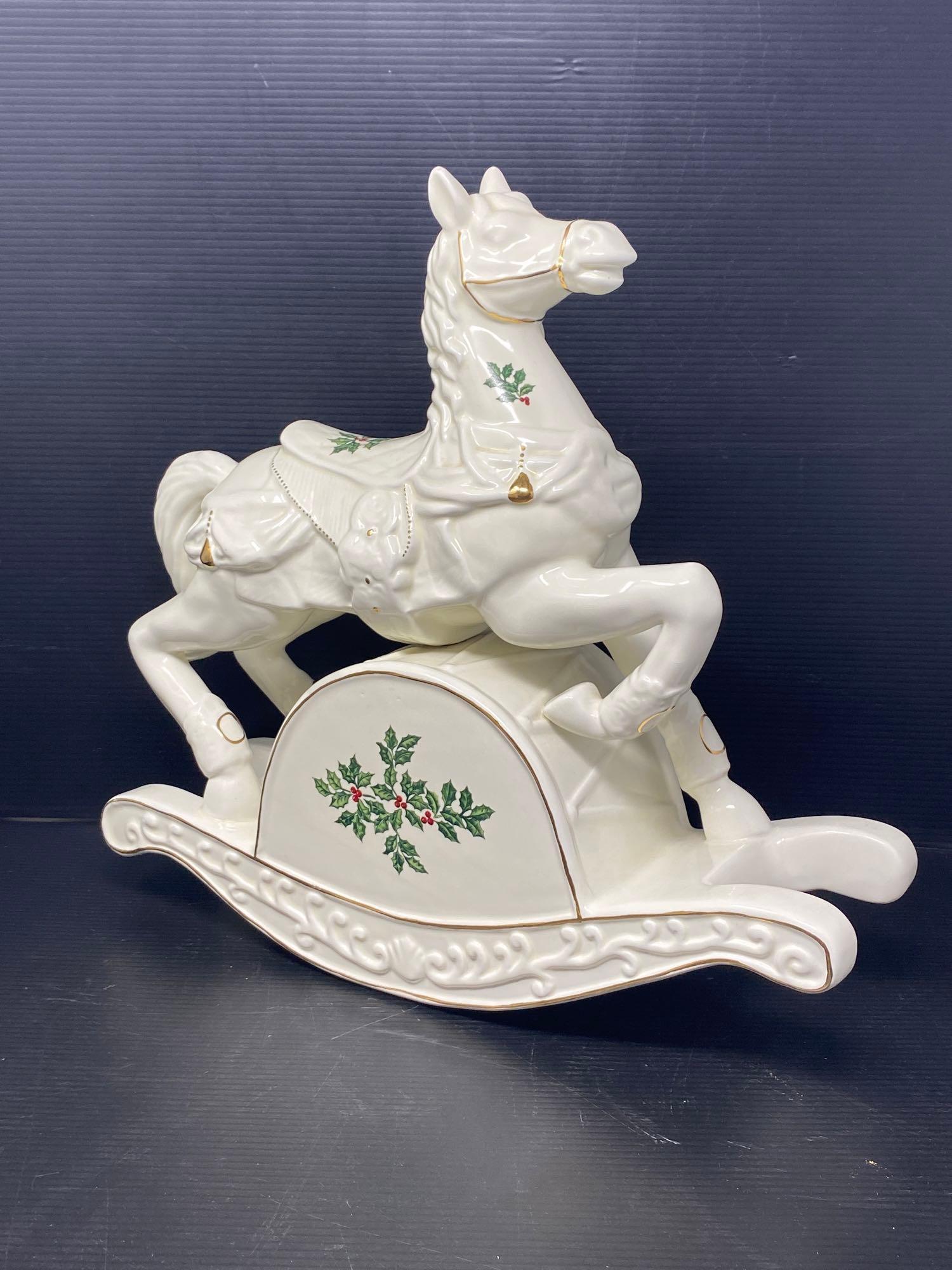 Pair of White Ceramic Angel Candle Holders and Musical Ceramic Rocking Horse