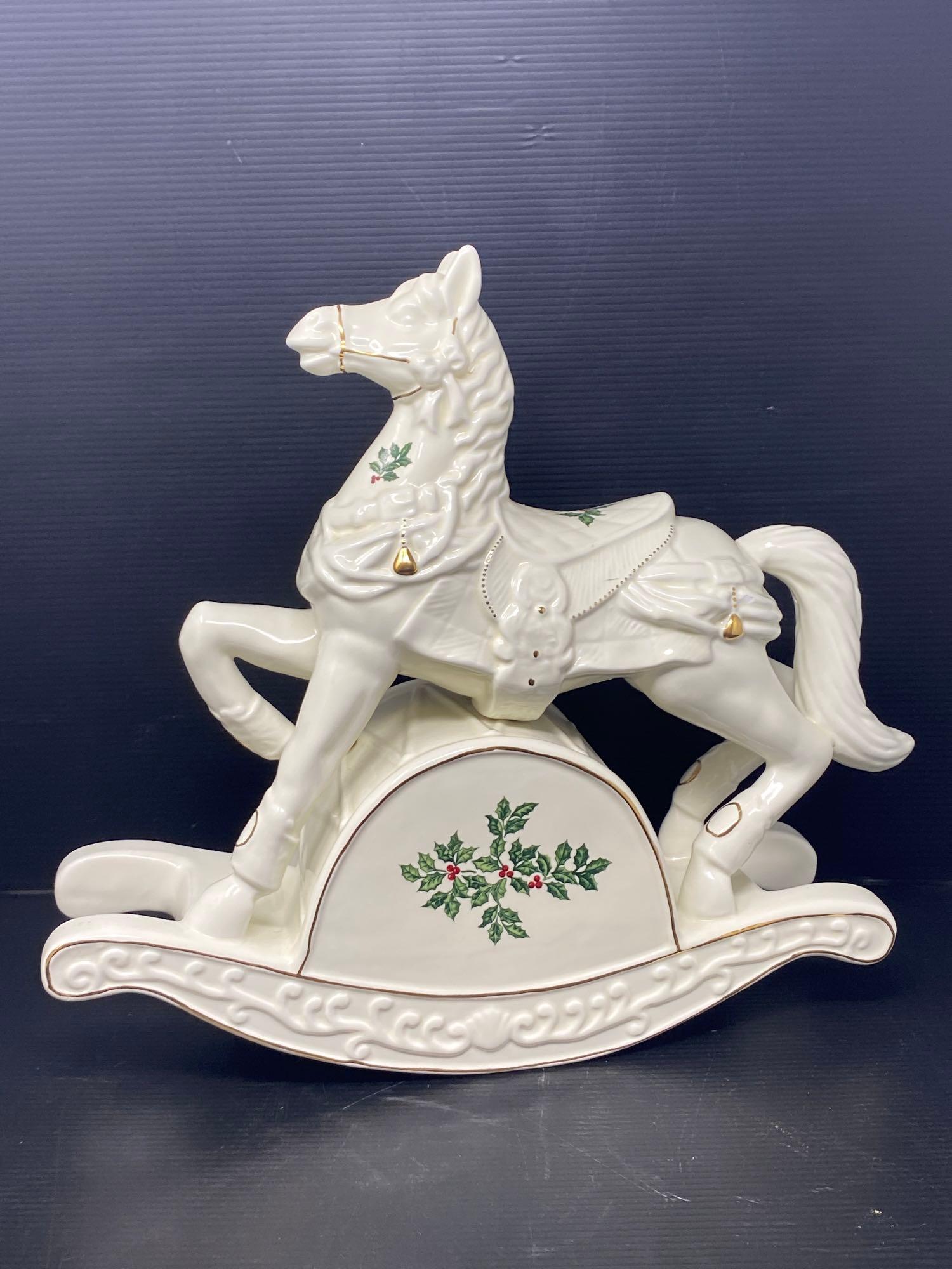 Pair of White Ceramic Angel Candle Holders and Musical Ceramic Rocking Horse