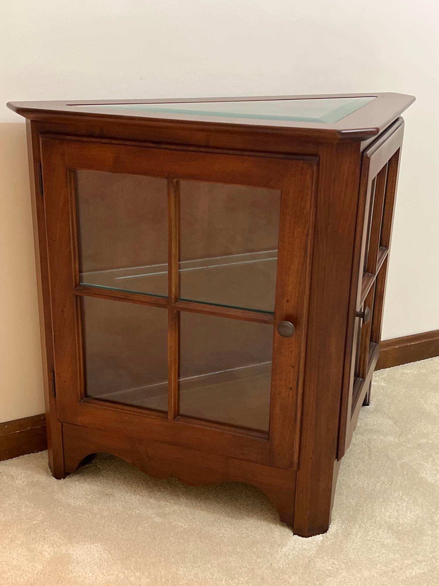 Tri-Corner Display Cabinet/Table with Glass Top and Shelf