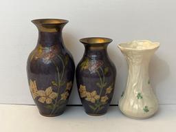 Pair of Matching Brass Etched & Painted Vases, Belleek Vase and Baldwin Brass Candelabra