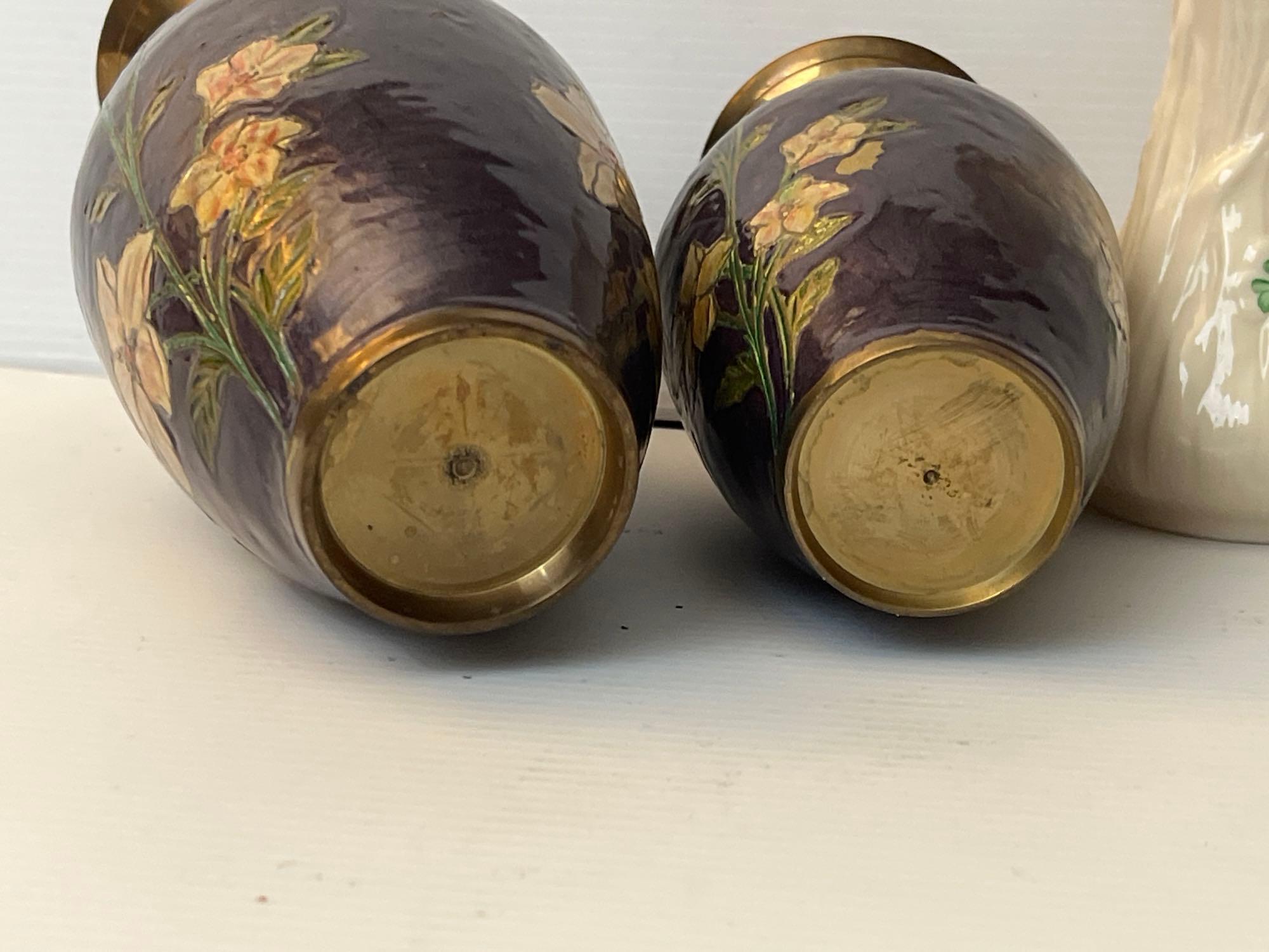 Pair of Matching Brass Etched & Painted Vases, Belleek Vase and Baldwin Brass Candelabra