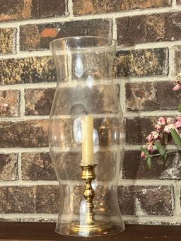 Artificial Floral Arrangement and Pair of Glass Shades Over Brass Candlesticks